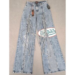 Von Dutch Tie Front Wide Leg Jeans Womens 3 Light Wash Patchwork Embroidered New